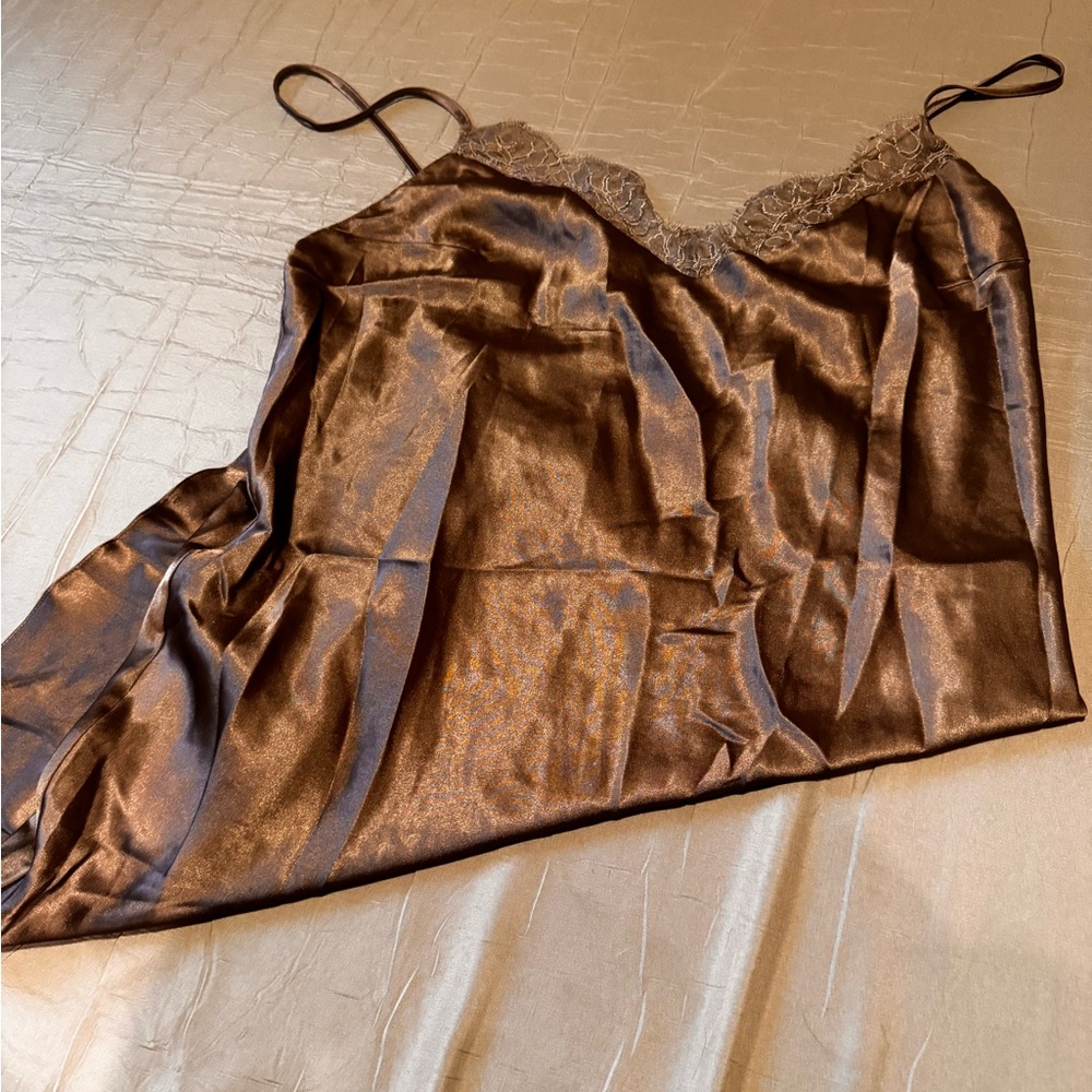 Victoria's Secret Brown Satin Lace-Trim Chemise
